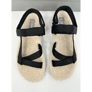 Everlane Sherpa Sandals Size 6 Black Faux Fur Strappy Comfort Slides w/ Box